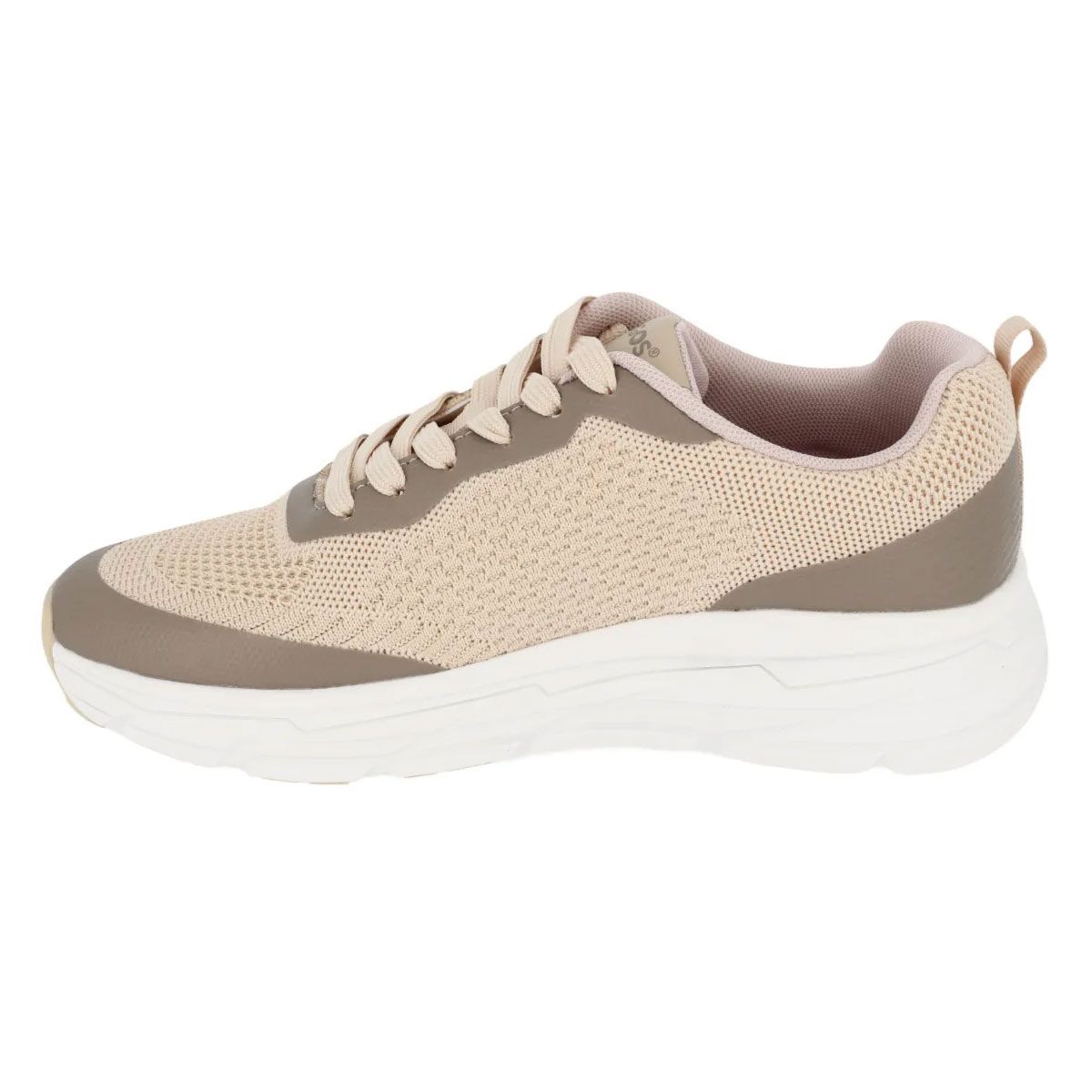 Sneaker beige con suola bianca. Vista laterale. Tomaia in mesh, lacci e dettagli marrone chiaro.