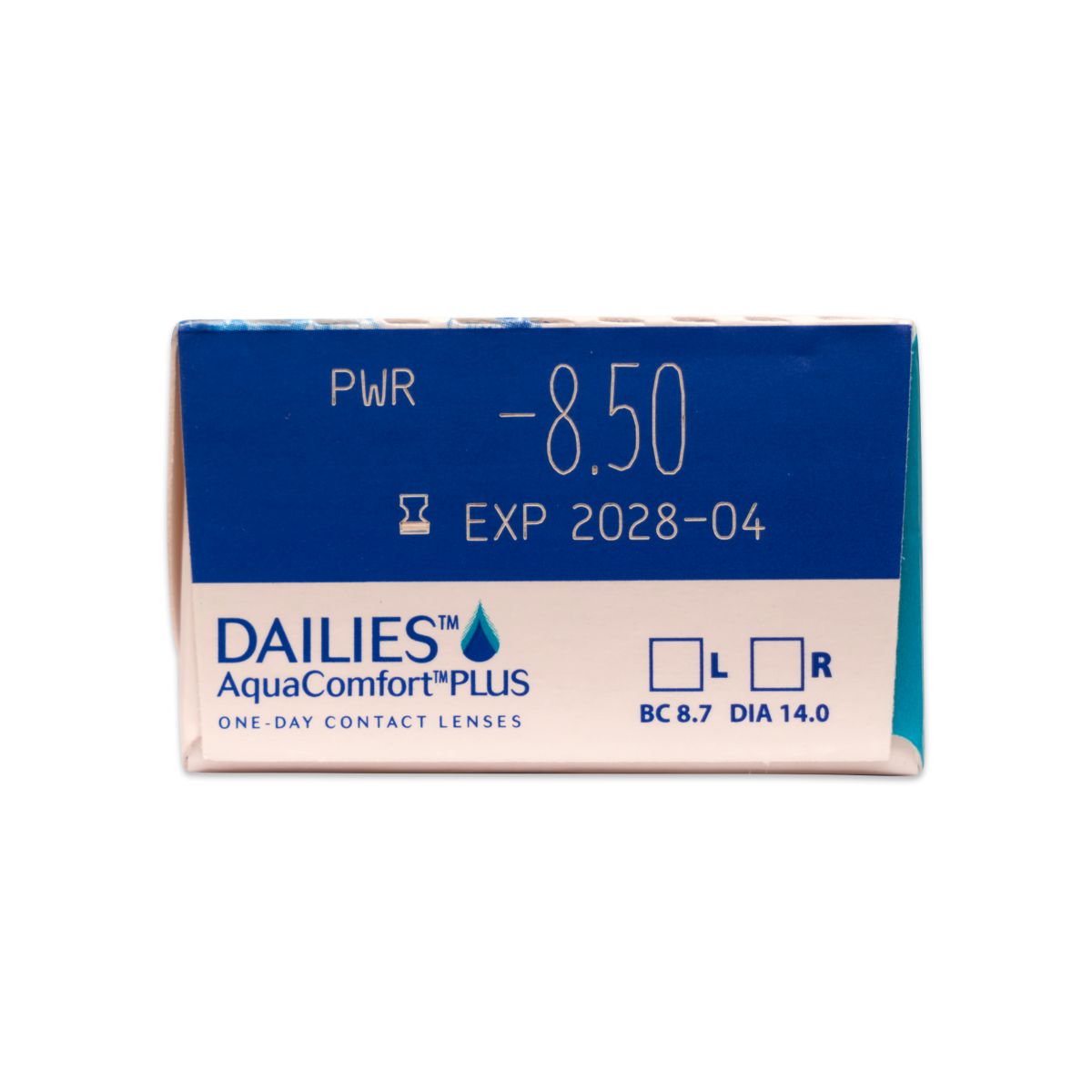 Confezione di lenti a contatto Dailies AquaComfort PLUS. Scatola blu con informazioni prodotto: PWR, potenza, scadenza, BC, DIA.