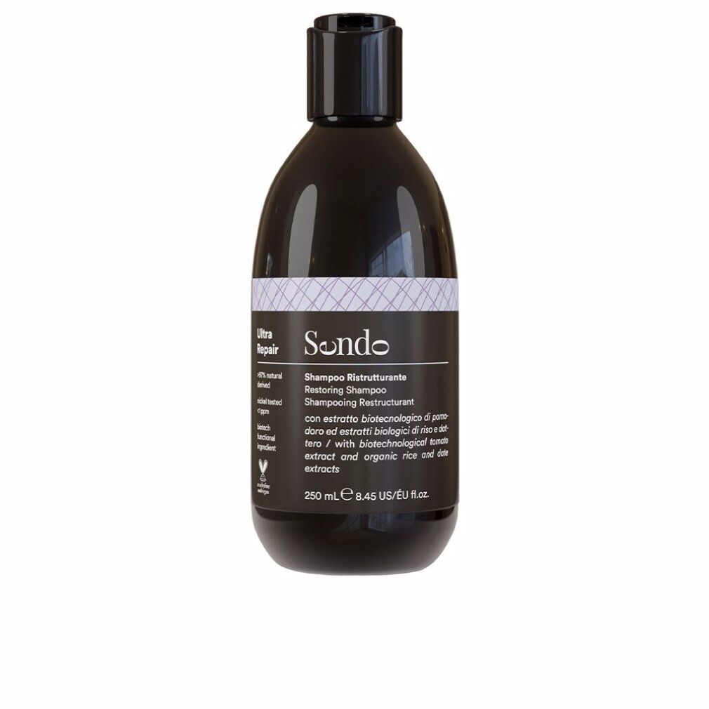 Flacone di shampoo nero con etichetta bianca. Testo: Ultra Repair, Sondo, Shampoo Ristrutturante, 250 ml. Sigillo vegano.