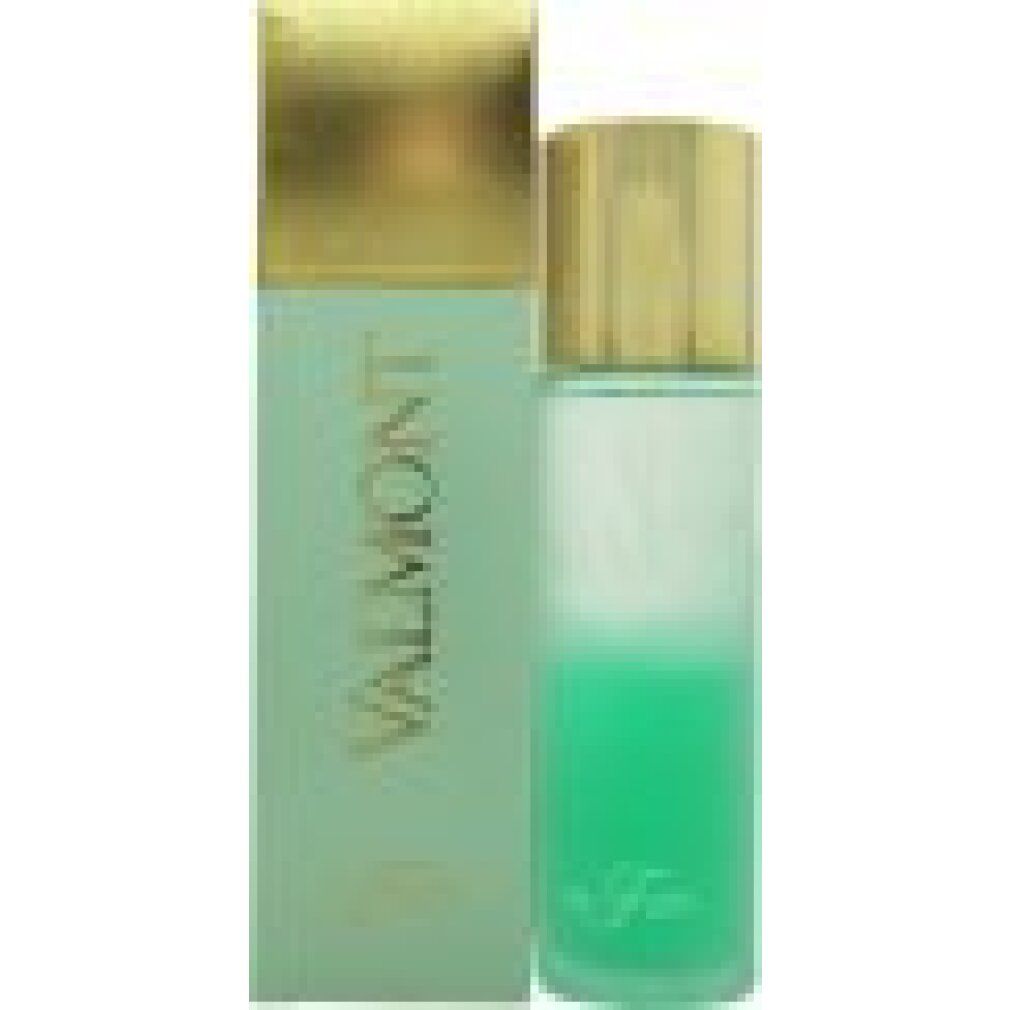 Flacone e confezione. Tappo dorato, liquido verde. Marchio VALMONT, nome Bi-Falls.