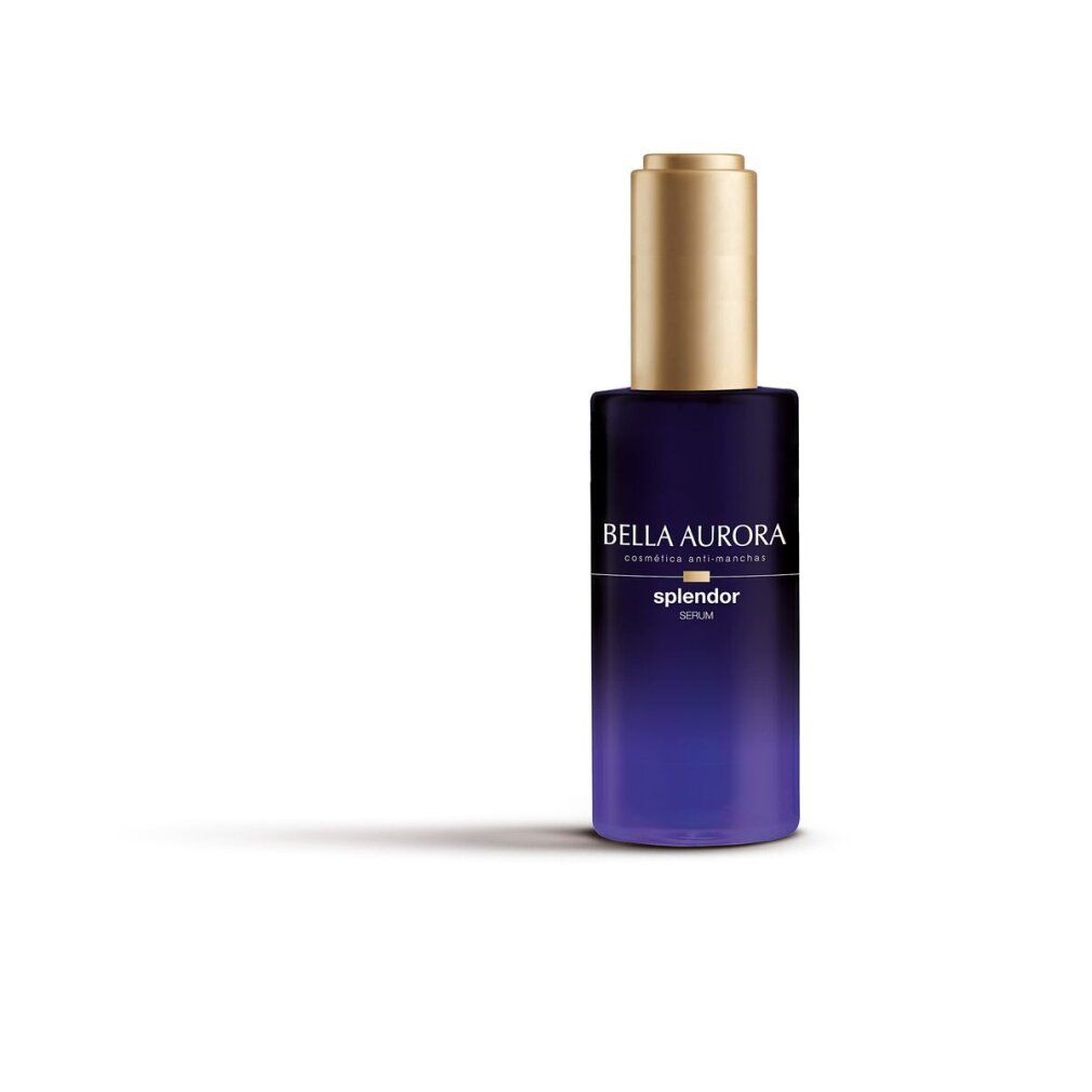 Flacone di siero blu scuro con tappo dorato. Scritta: Bella Aurora, splendor serum.