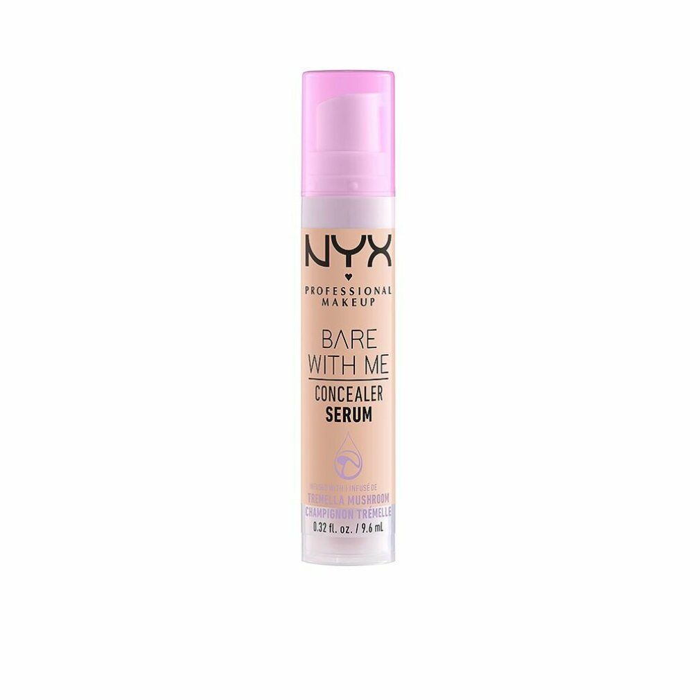Flacone di siero correttivo con dosatore a pompa. Scritta: NYX Professional Makeup, Bare With Me Concealer Serum, 02-Light.