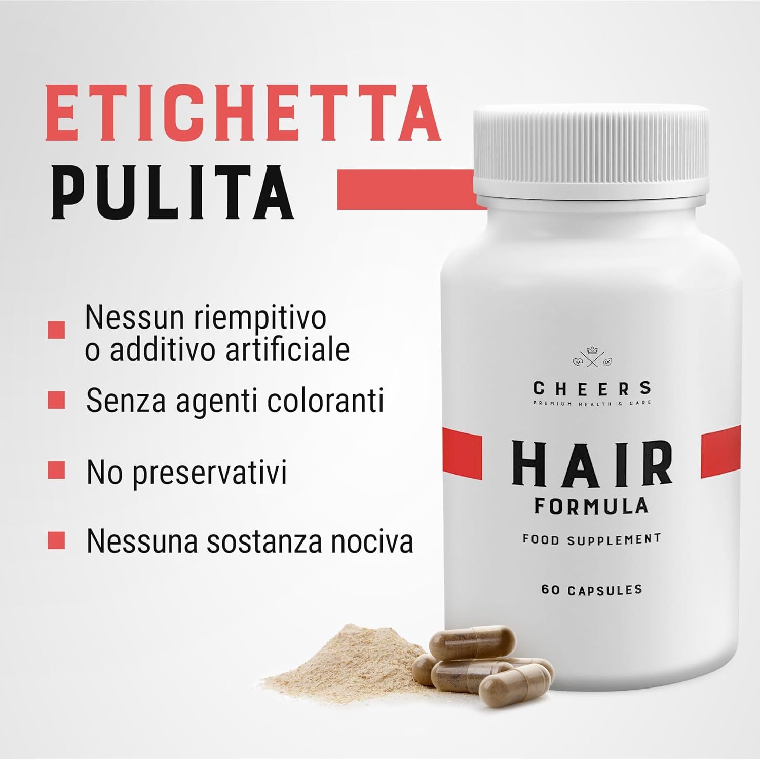 Flacone HAIR FORMULA. Testo: Nessun riempitivo, nessun colorante, nessun conservante, nessuna sostanza nociva.