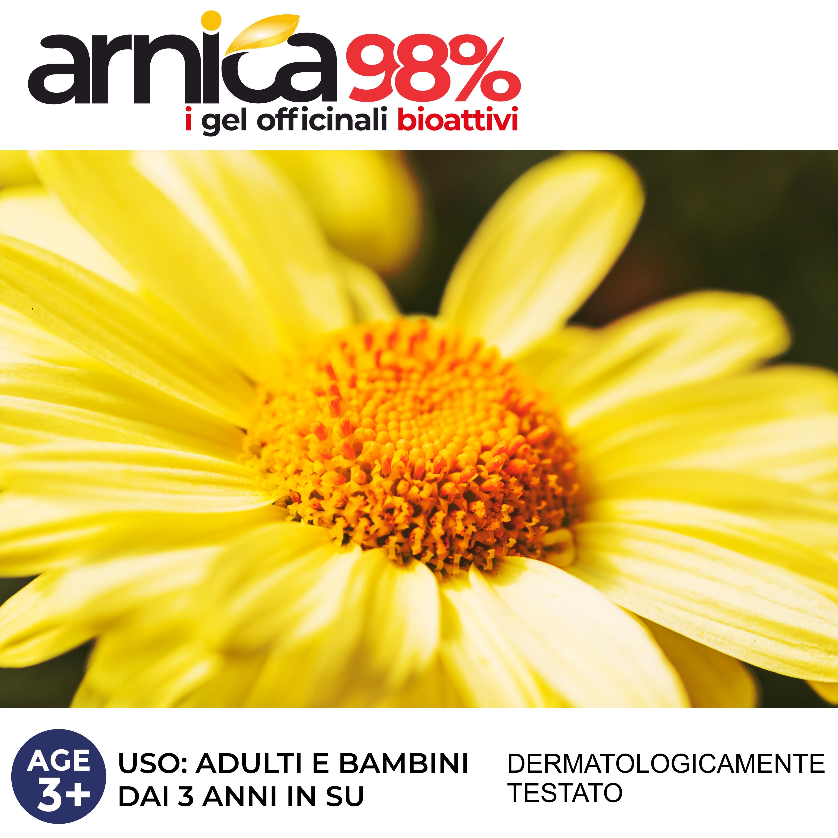 Primo piano di un fiore giallo con centro arancione. Testo: Arnica 98%, i gel officinali bioattivi. Per bambini dai 3 anni. Dermatologicamente testato.