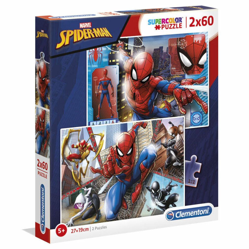 Scatola puzzle Marvel Spiderman. Contiene due puzzle da 60 pezzi ciascuno. Confezione con illustrazioni di Spiderman e informazioni sul prodotto.