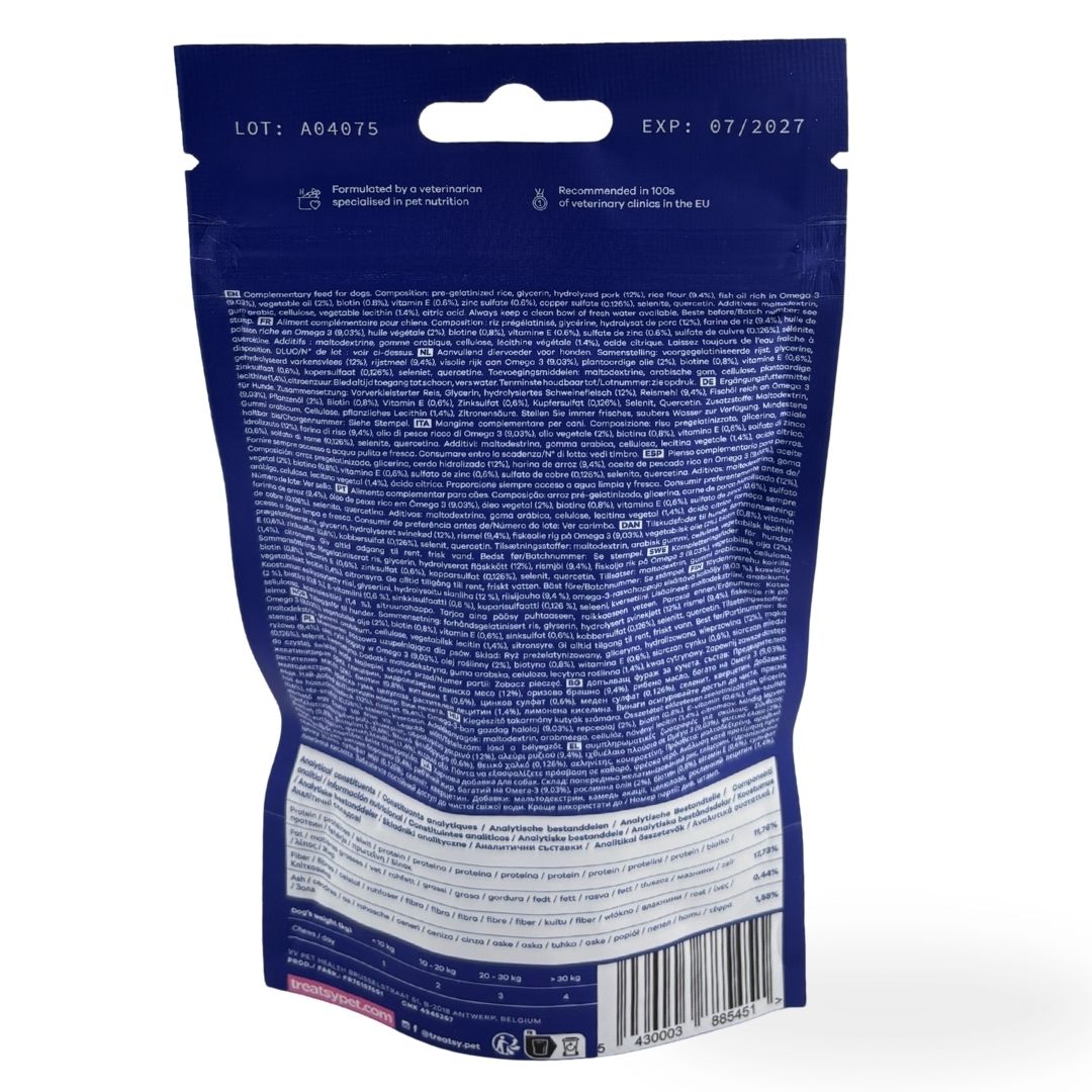 Retro della busta blu con testo. Informazioni su ingredienti, dosaggio e produttore.