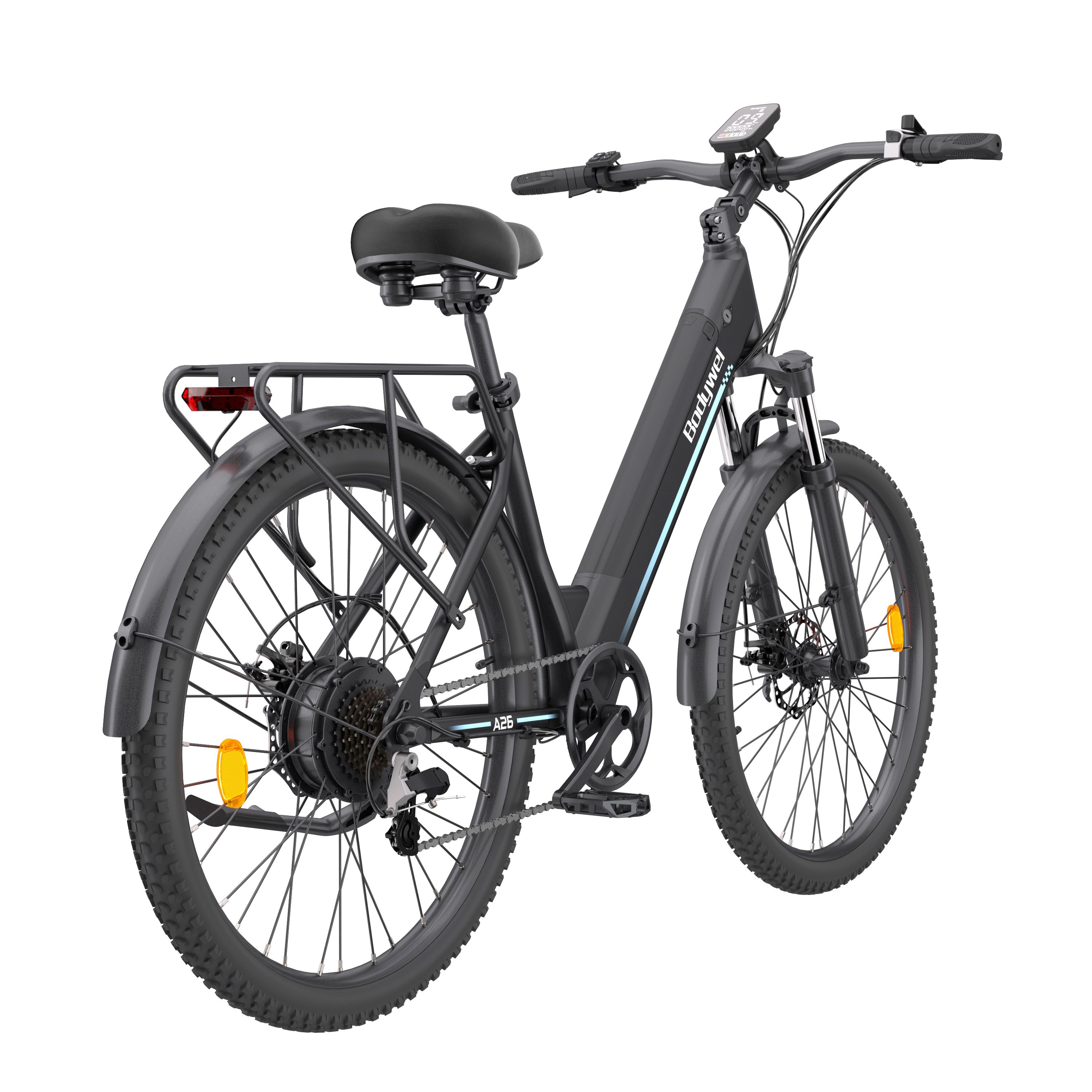 E-bike nera, vista posteriore. Portapacchi, parafanghi, fanale. Bodywel A26.