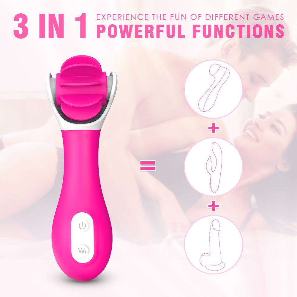 Vibratore rosa con testa bianca. Illustrazioni che mostrano 3 funzioni. Testo: 3 in 1.
