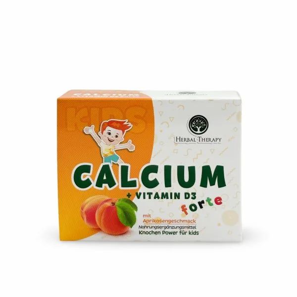 Confezione del prodotto. Scritta CALCIO + VITAMINA D3 forte, gusto albicocca. Marchio Herbal Therapy. Immagine di albicocche.