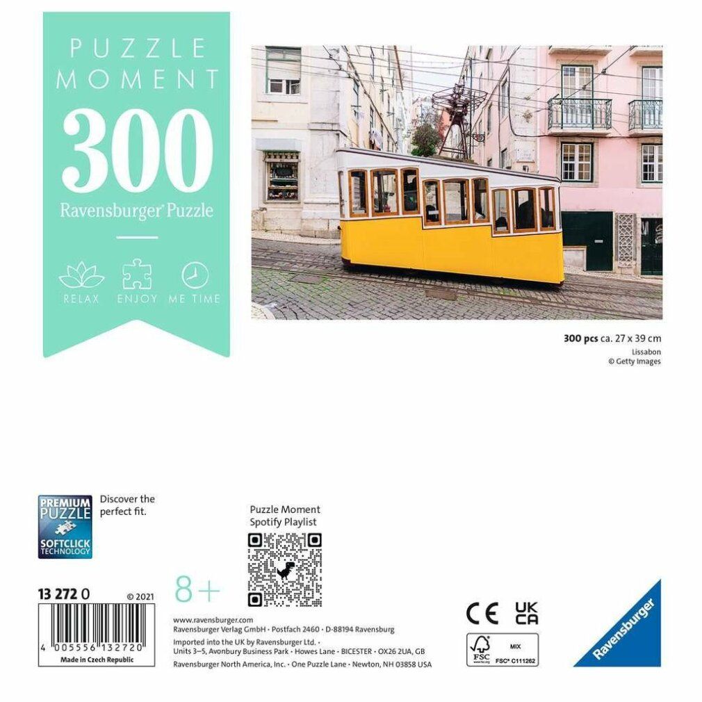 Scatola puzzle con tram giallo. 300 pezzi, Ravensburger. Dimensioni: 27 x 39 cm. Età consigliata: 8+. QR code.