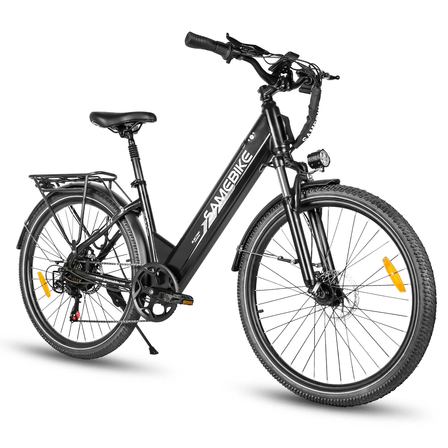 E-bike nera SAMEBIKE RS-A01 Pro-T. Portapacchi, parafanghi, fari e fanali posteriori.