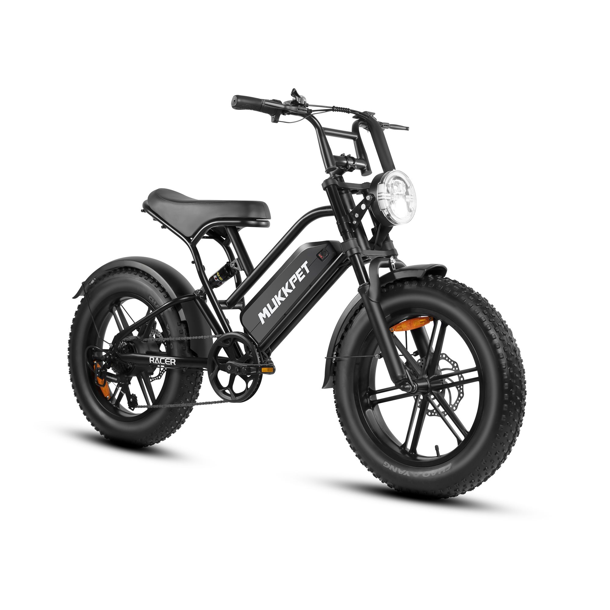 Bicicletta elettrica nera, vista frontale, marchio MUKKPET, modello RACER, pneumatici larghi.