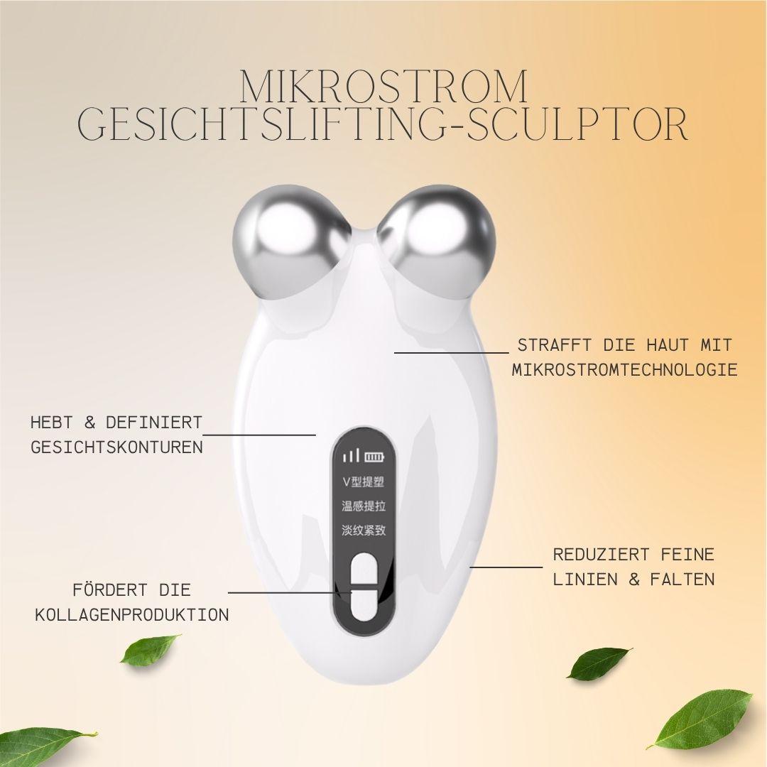 Dispositivo bianco per scultore di lifting facciale a microcorrente con sfere argentate, che evidenzia il rassodamento della pelle e la riduzione delle rughe.