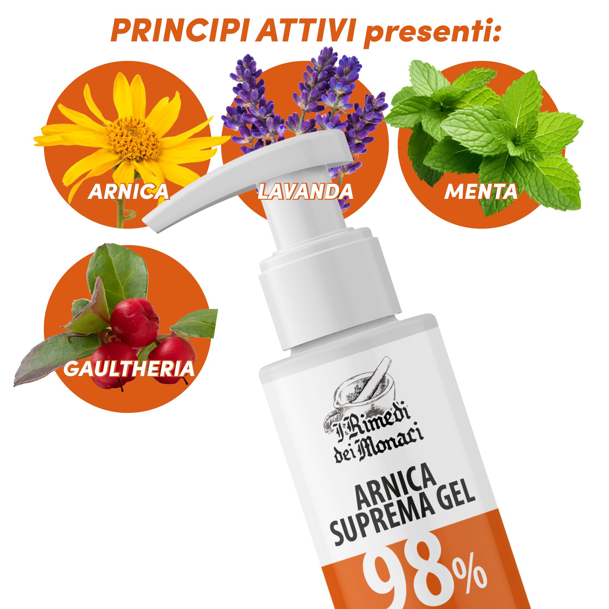 Gel Arnica Supreme 98%. Flacone bianco con dosatore. Immagini di Arnica, Lavanda, Menta e Gaultheria.