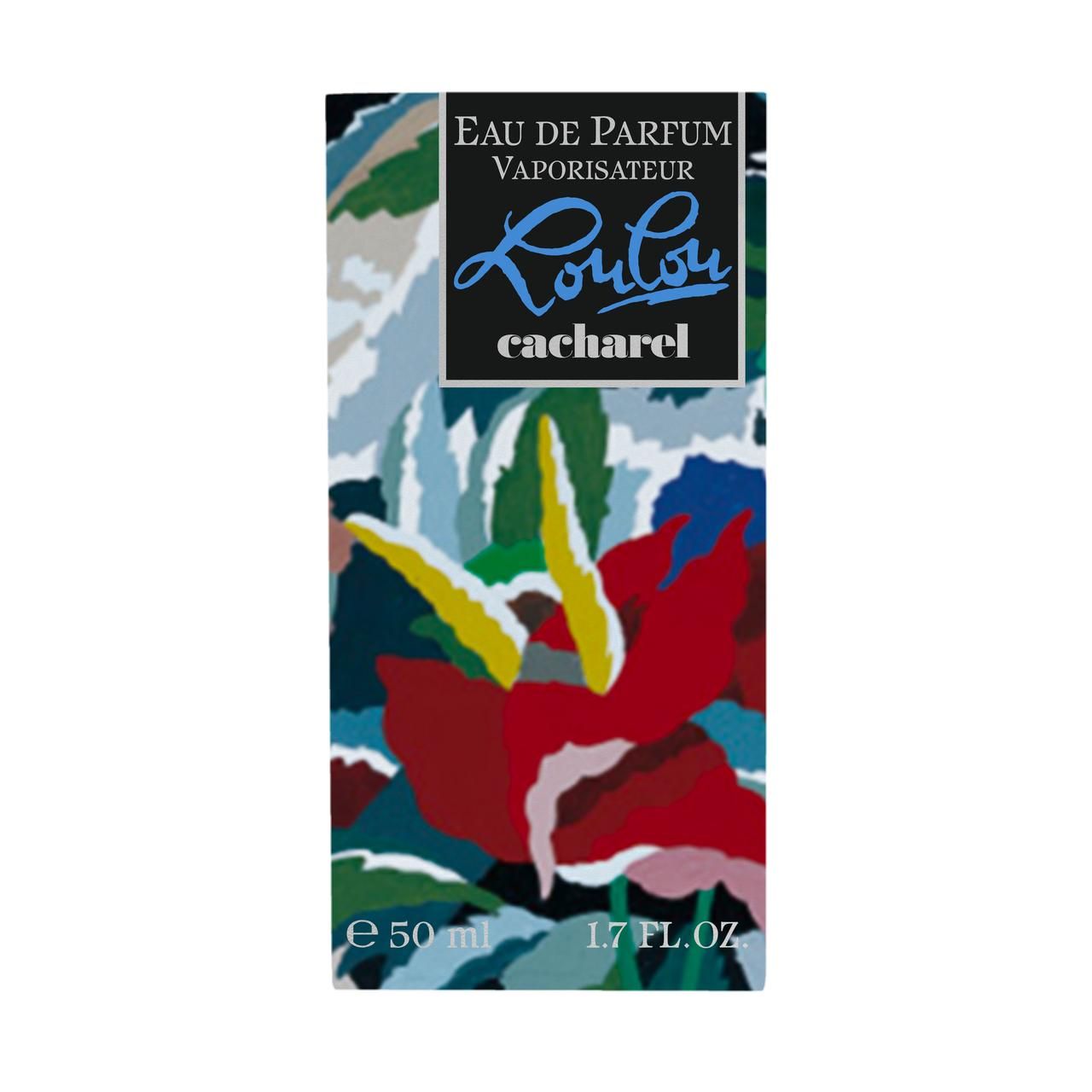 Scatola con design floreale e scritta "LouLou cacharel". Scritta: Eau de Parfum Vaporisateur.