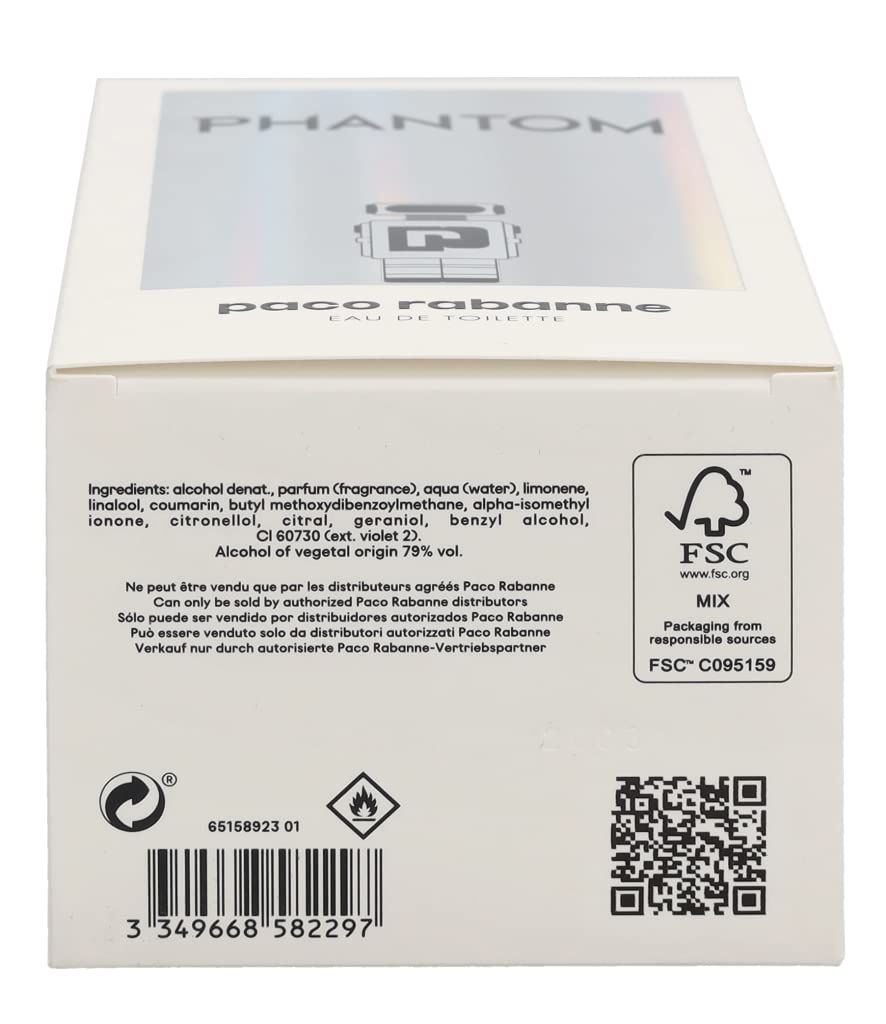 Retro della confezione Paco Rabanne Phantom. Contiene ingredienti, logo FSC, codice a barre e QR code.