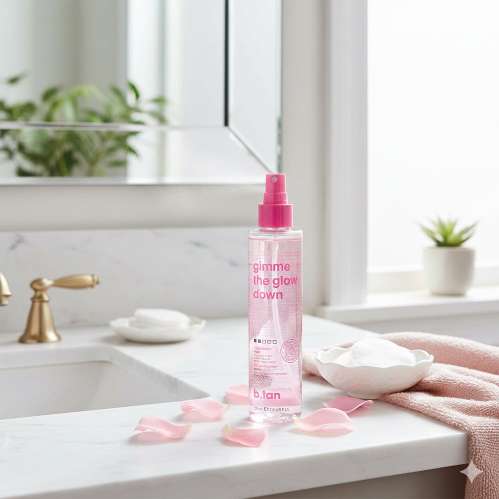 Flacone di bruma autoabbronzante con erogatore rosa. Petali di rosa su superficie in marmo. Lavabo e specchio sullo sfondo.