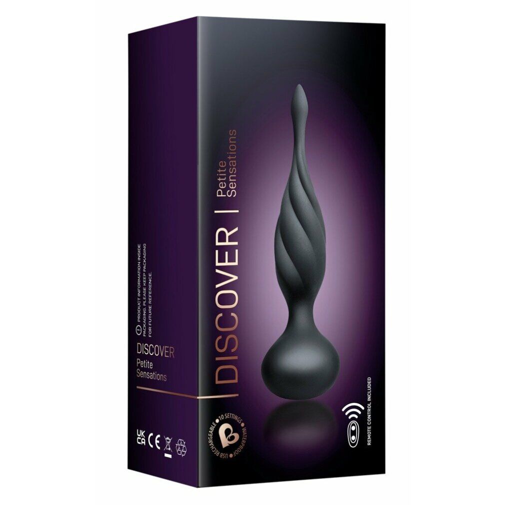 Prodotto benessere nero in confezione. Scritta: DISCOVER Petite Sensations. Con telecomando.