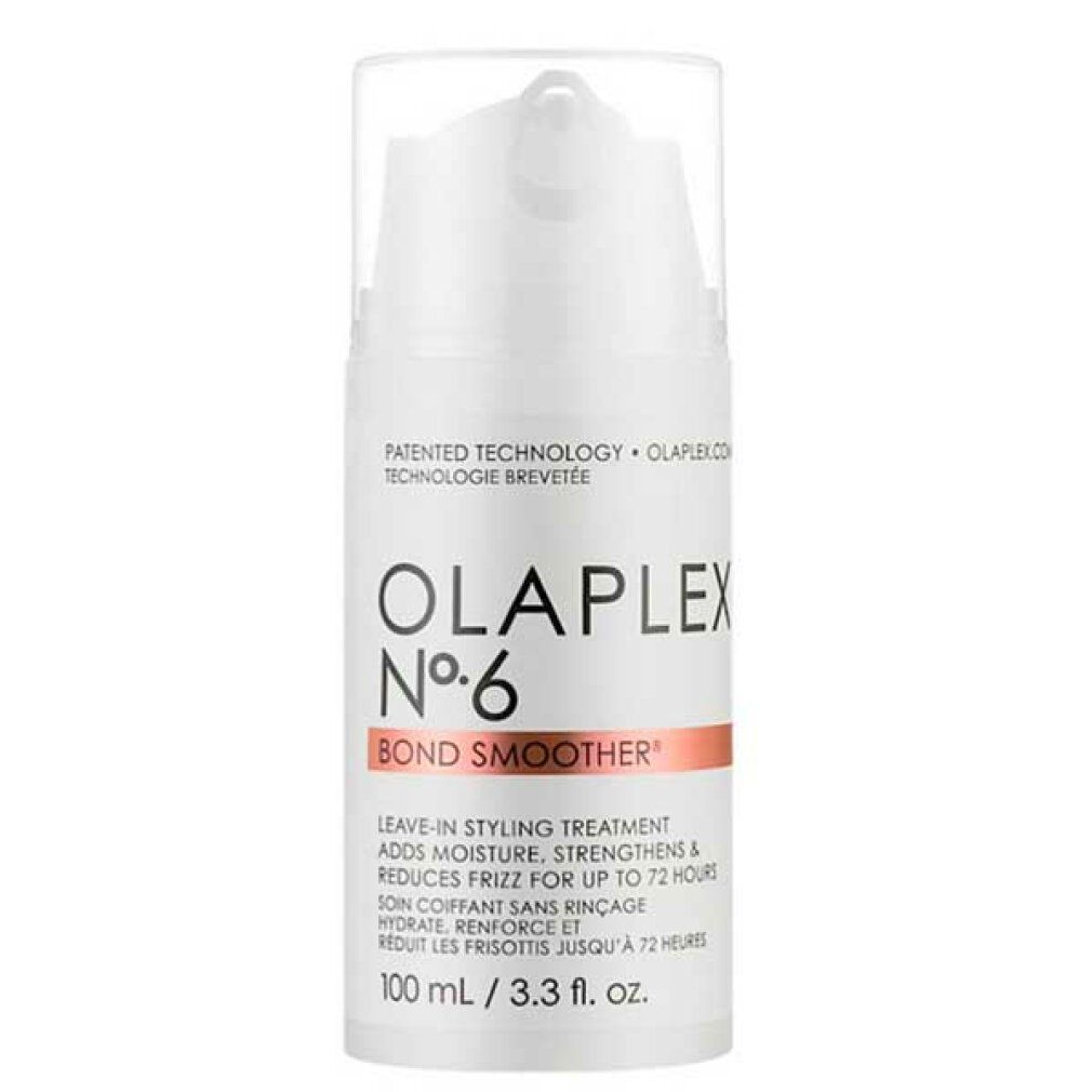 Flacone bianco Olaplex No.6 Bond Smoother. Striscia marrone con testo. 100 ml/3.3 fl. oz. Tappo.