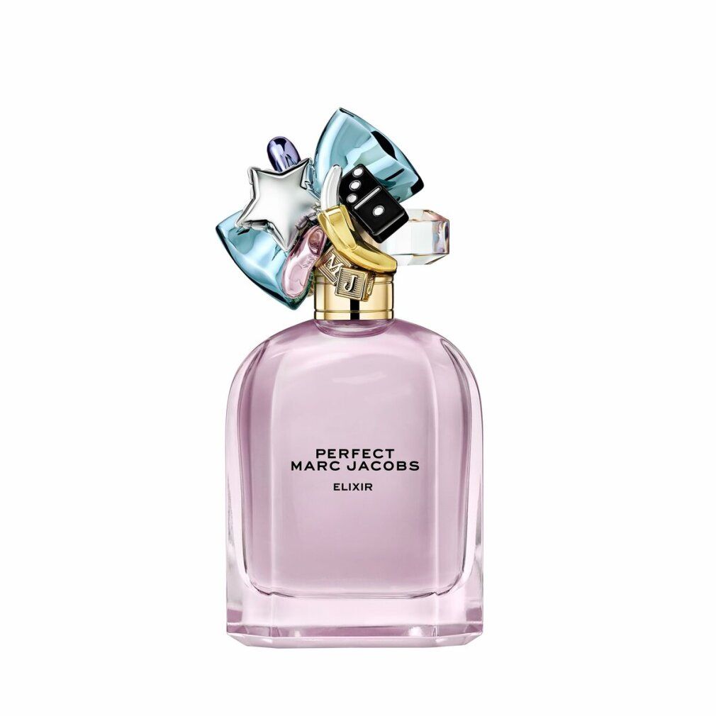 Flacone di profumo rosa. Scritta: PERFECT MARC JACOBS ELIXIR. Tappo decorativo con stelle e dadi.