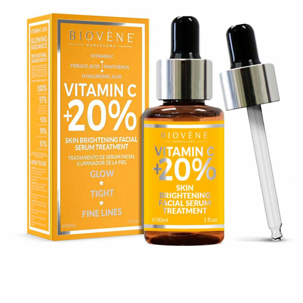 Flacone di siero e confezione. Scritta: Vitamina C +20%. Con pipetta. Liquido giallo in flacone di vetro marrone.