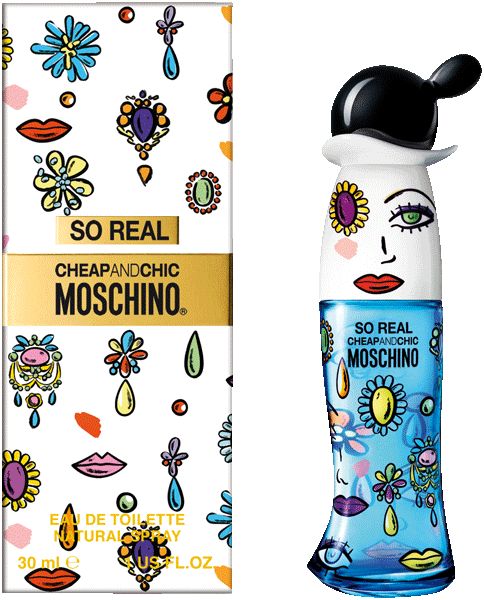 Confezione di So Real Eau de Toilette. Bianca con motivi colorati e fascia dorata con nome del marchio.