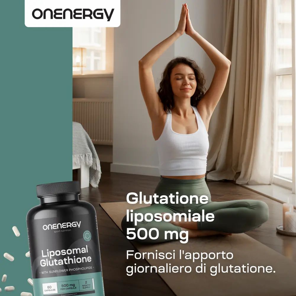 Donna in posa yoga. Flacone con capsule. Testo: Glutatione liposomiale 500 mg. Fornisce apporto giornaliero di glutatione.