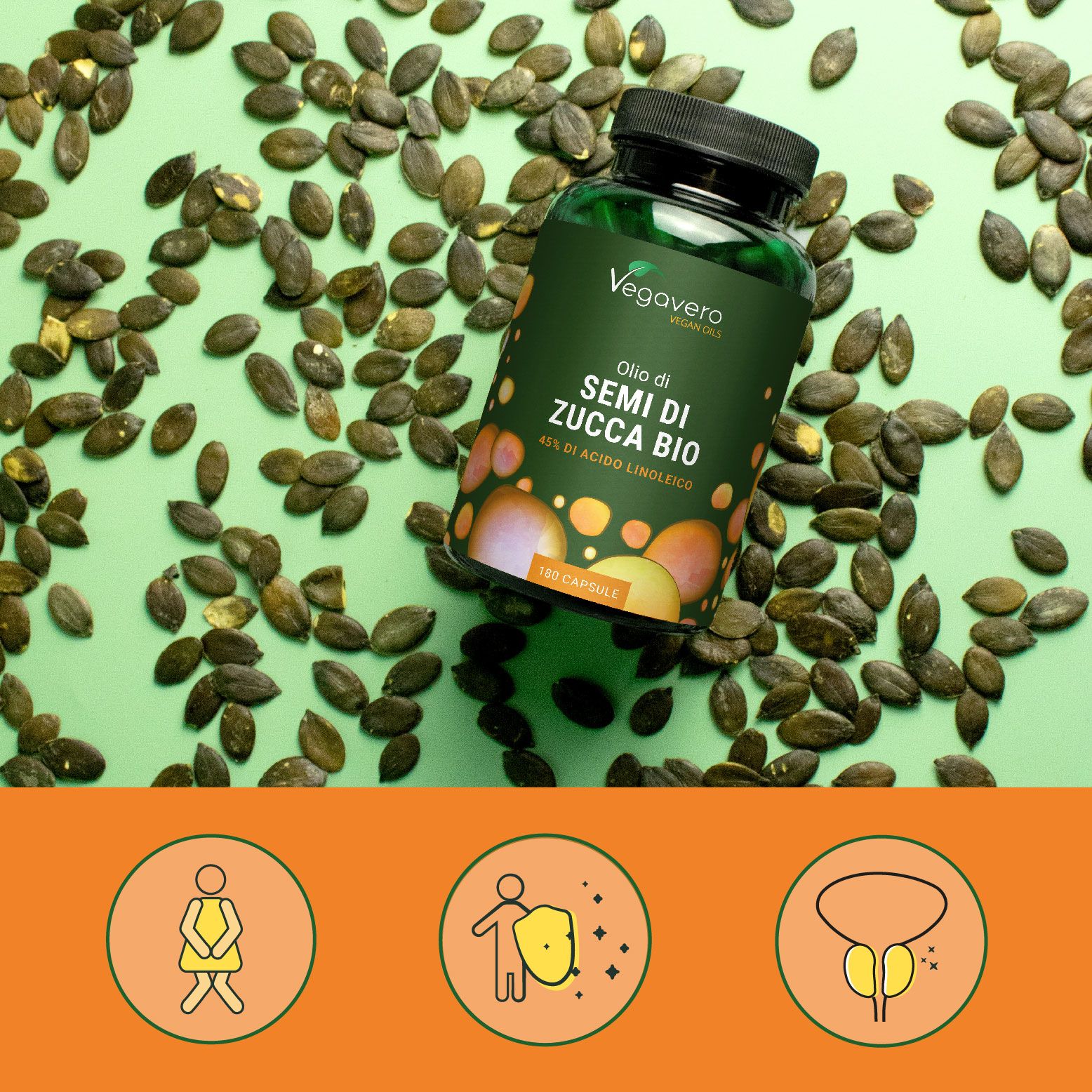 Flacone verde di capsule, circondato da semi di zucca. Scritta: Semi di Zucca BIO. Marchio: Vegavaro.