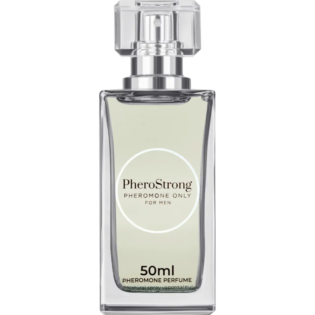 Flacone di profumo con logo "PheroStrong Pheromone Only for Men" e indicazione 50ml. Flacone trasparente con vaporizzatore argento.