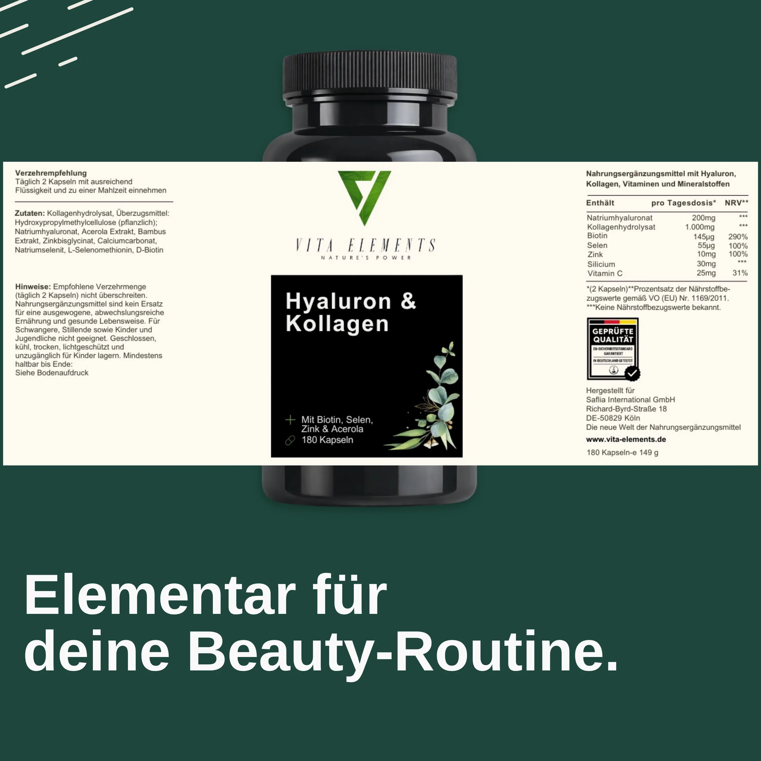 Retro del barattolo Vita Elements Acido Ialuronico & Collagene. Contiene informazioni nutrizionali, ingredienti e certificato di qualità.