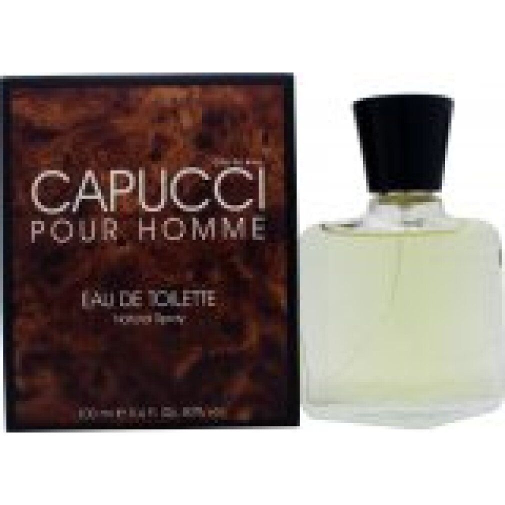 Capucci Pour Homme Eau de Toilette. Flacone e confezione. Tappo nero, flacone rettangolare. Confezione marrone con testo.