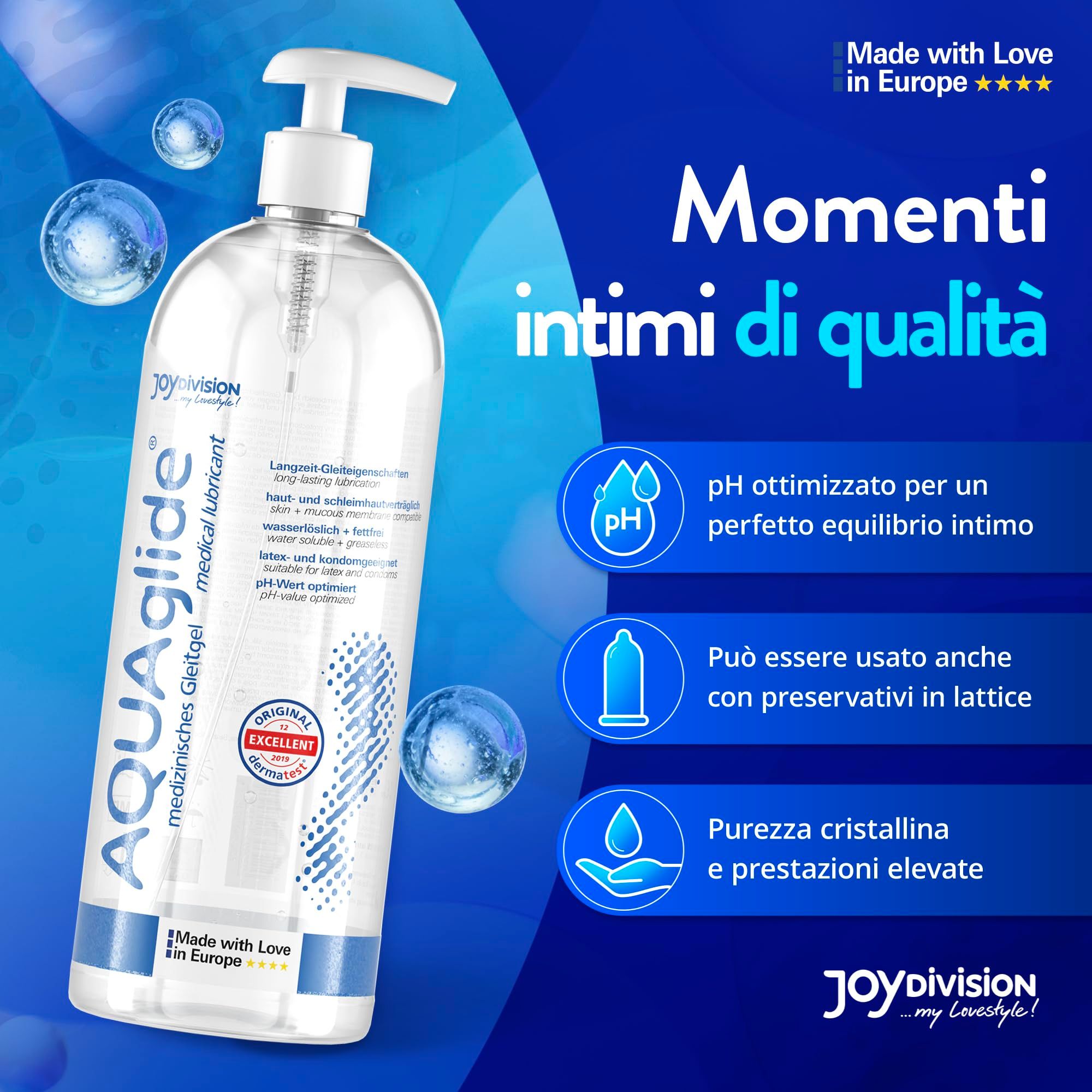 Flacone di gel lubrificante AQUAGLIDE con dispenser a pompa, 1000ml, con effetti d'acqua.