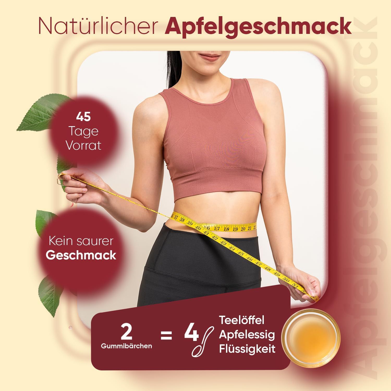 Donna misura la circonferenza vita con un metro a nastro. Testo: Gusto naturale di mela, 45 giorni di scorta, nessun sapore aspro. 2 caramelle gommose = 4 cucchiaini di liquido.