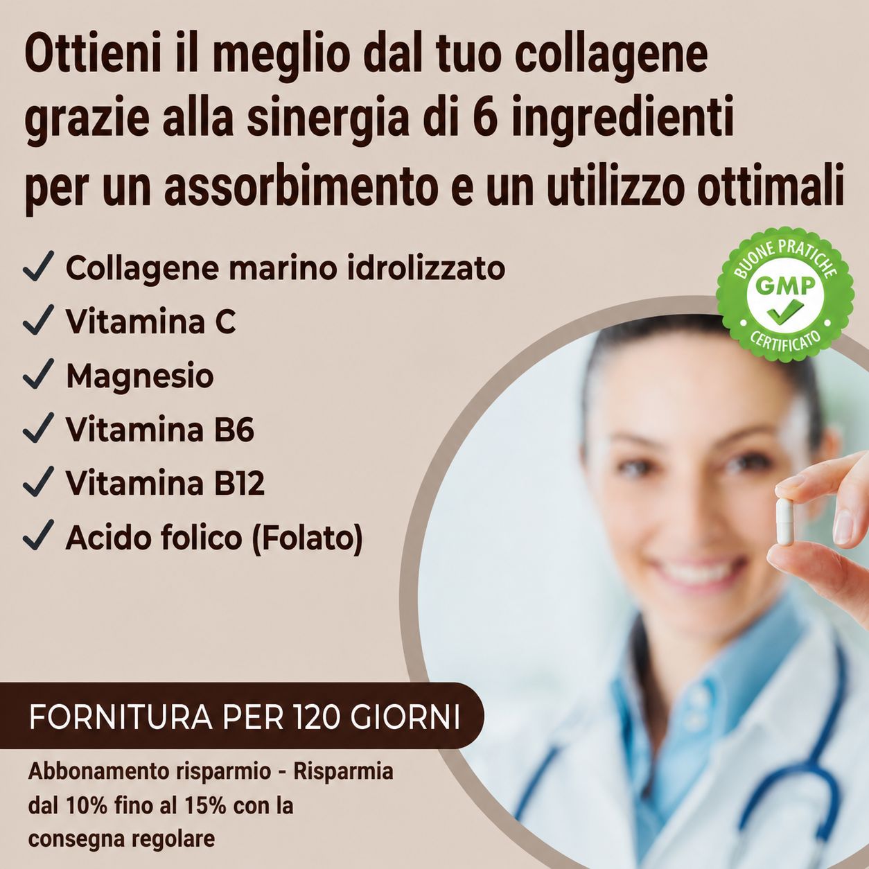 Donna tiene in mano una capsula. Testo: Collagene marino idrolizzato, Vitamina C, Magnesio, Vitamina B6, B12, Acido folico. Certificazione GMP.