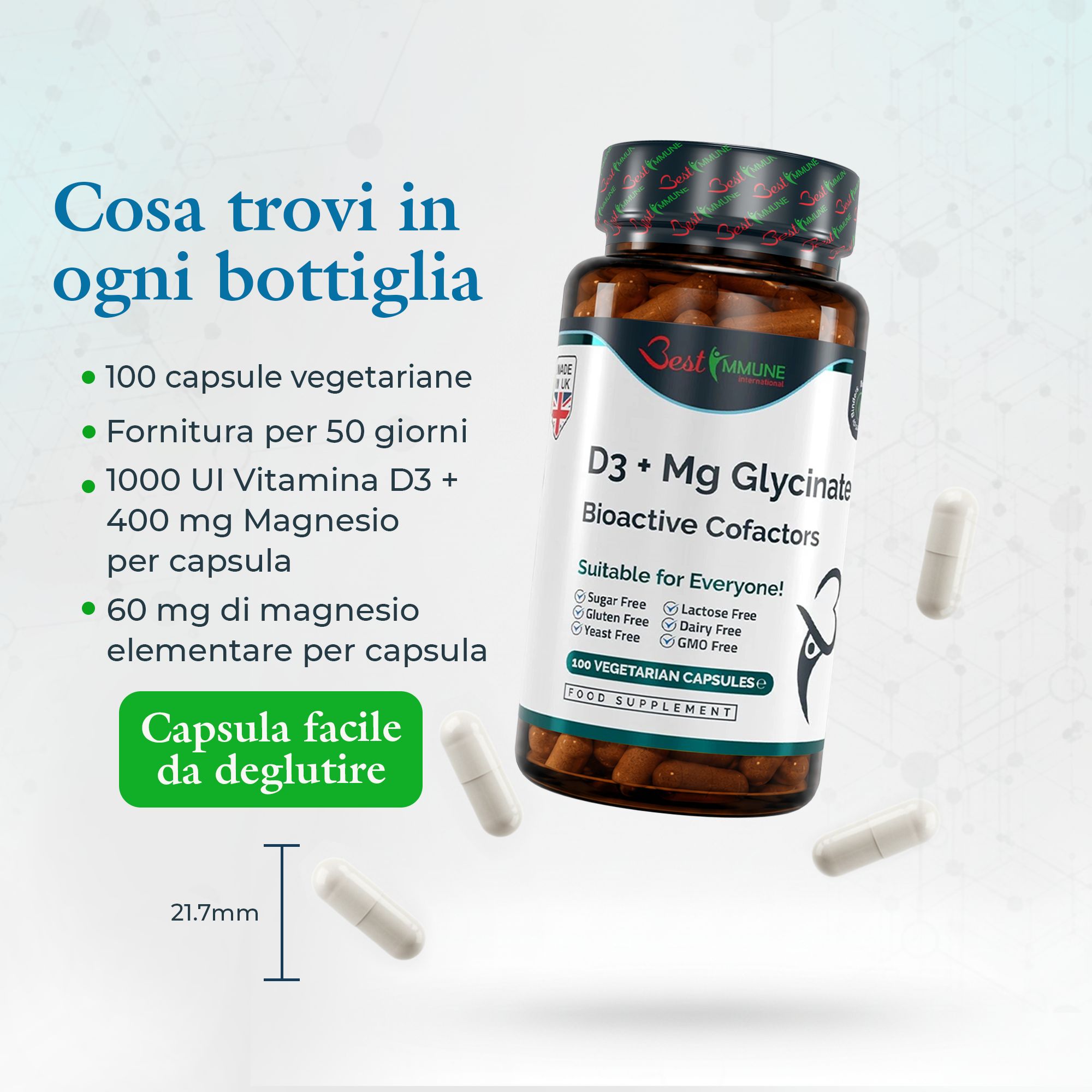 Descrizione italiana del D3 + Mg Glycinate per un sonno migliore, energia e benessere.