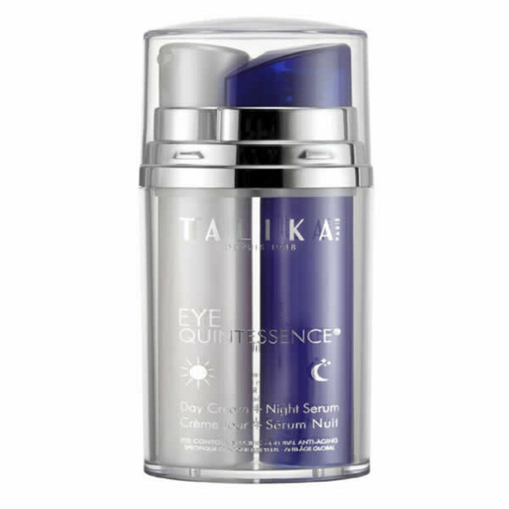 Flacone a due scomparti Talika Eye Quintessence. Crema giorno e siero notte. Simboli sole e luna.