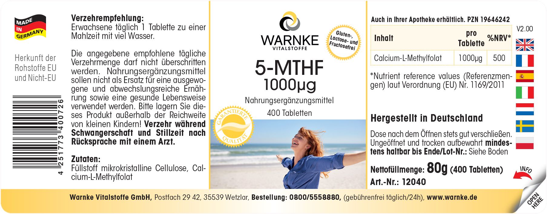 Etichetta su flacone di pillole bianco. Scritta: WARNKE, 5-MTHF 1000µg, integratore alimentare, 400 compresse. Senza glutine, lattosio e fruttosio.