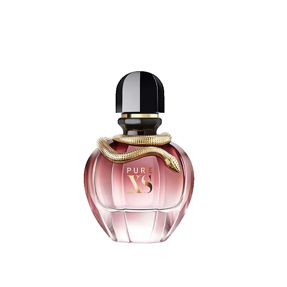 Flacone di profumo rosa-viola, tappo nero, serpente dorato. Scritta: PURE XS.