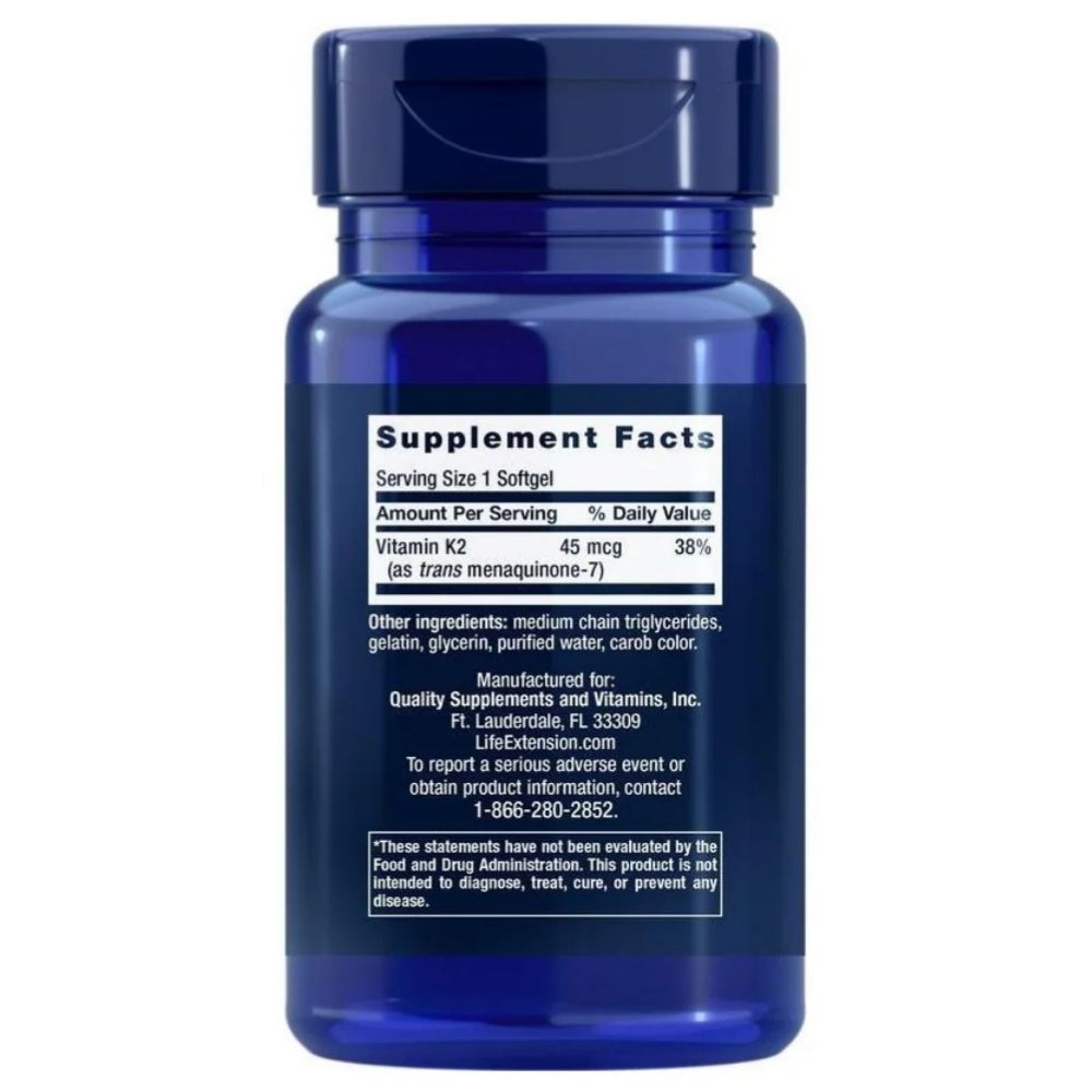 Flacone blu scuro con integratore di vitamina K2 softgel. L'etichetta mostra informazioni nutrizionali e del produttore.