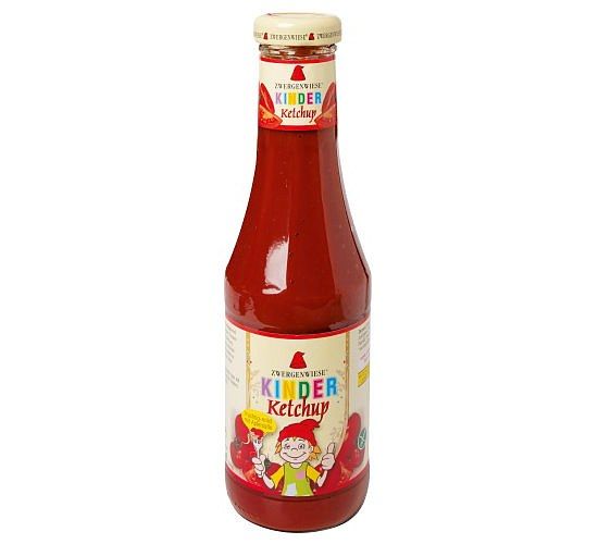 Bottiglia di ketchup Zwergenwiese per bambini con etichetta raffigurante un bambino.