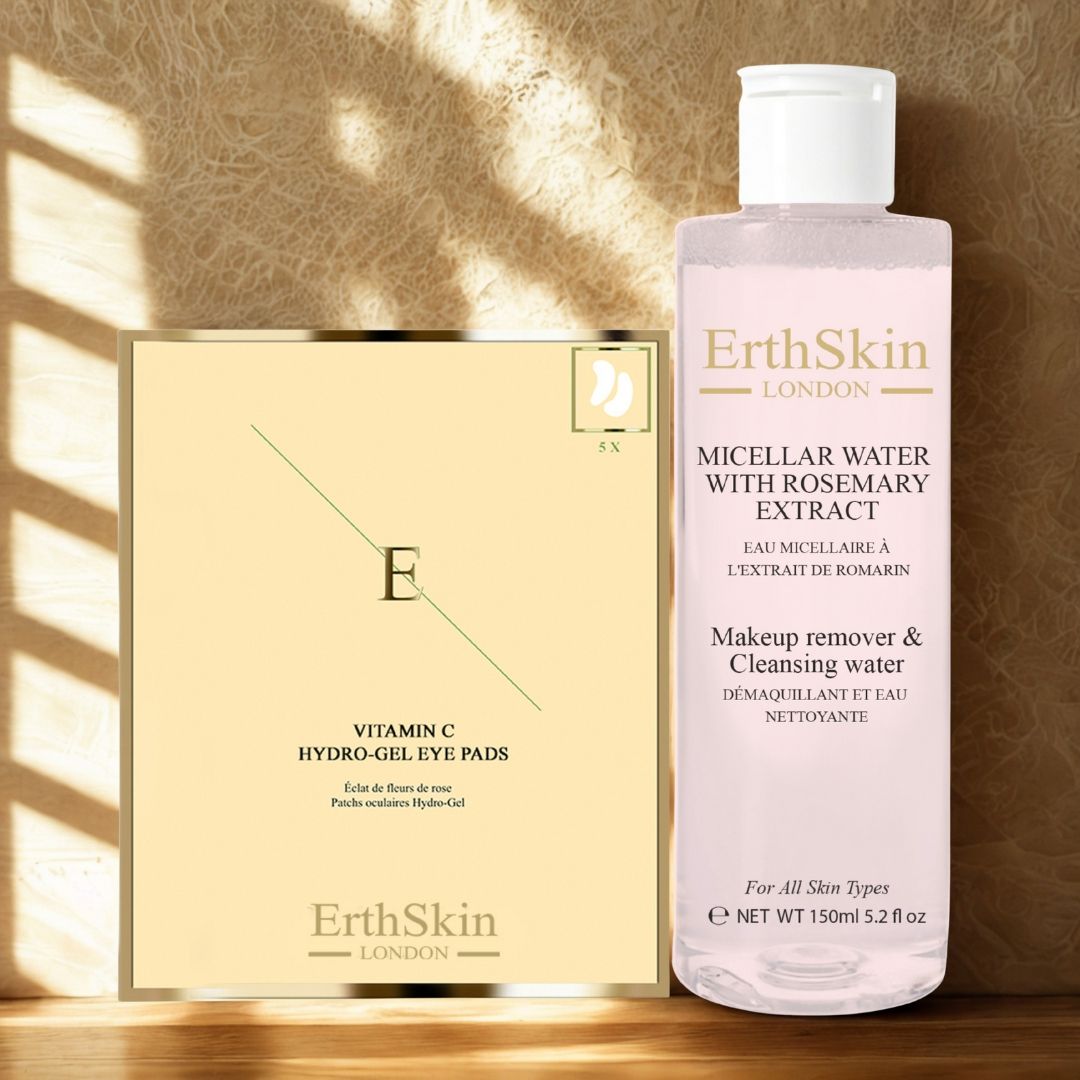 ErthSkin London, cuscinetti per occhi e acqua micellare. Confezione dorata, flacone con liquido rosa e tappo bianco.