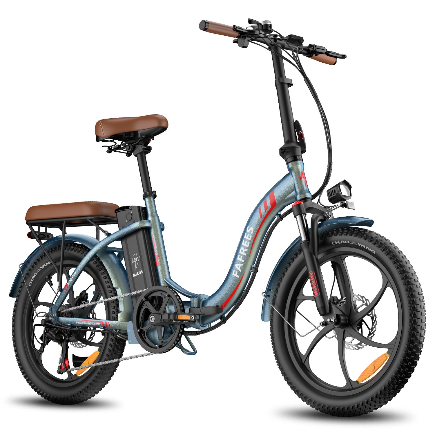 E-bike pieghevole FAFREES. Telaio blu-grigio, sella e manopole marroni. Pneumatici larghi, luci anteriori e posteriori.