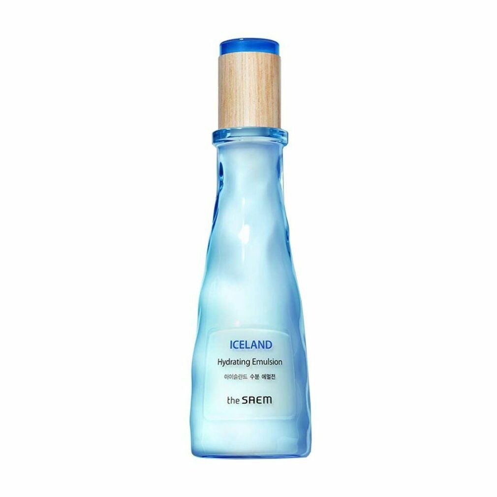Flacone blu con tappo in legno. Scritta "Iceland Hydrating Emulsion" e "the SAEM".