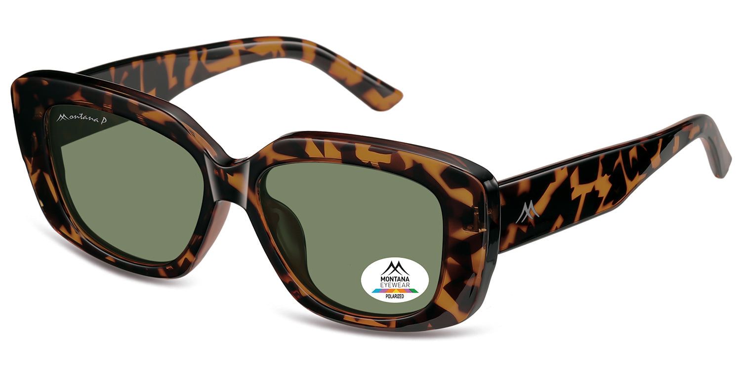 Occhiali da sole marroni con motivo tartarugato. Lenti verdi. Logo e testo Montana Eyewear. Polarizzati.