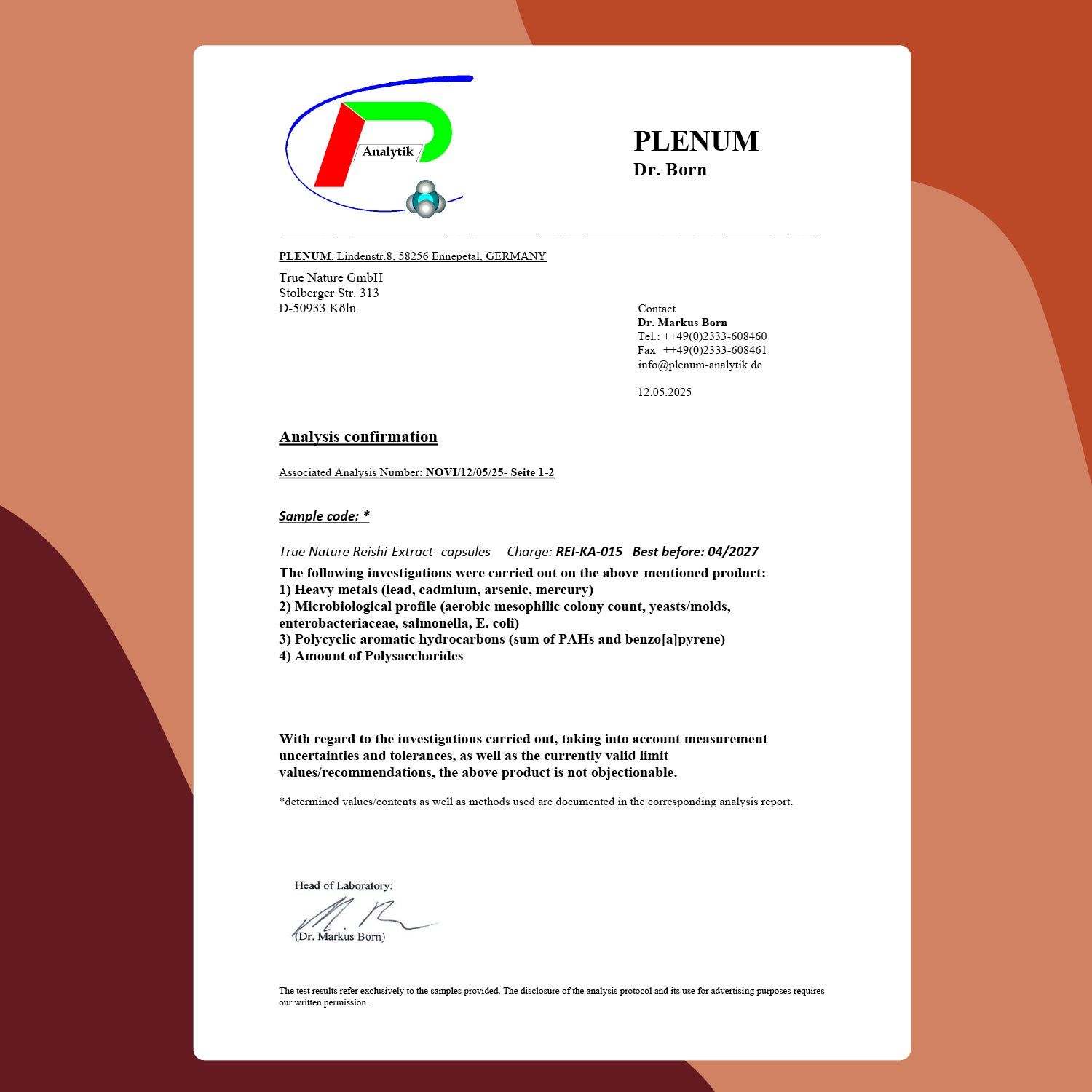 Certificato di analisi di Plenum Dr. Born. Testo: Capsule Reishi True Nature. Conferma dell'analisi.