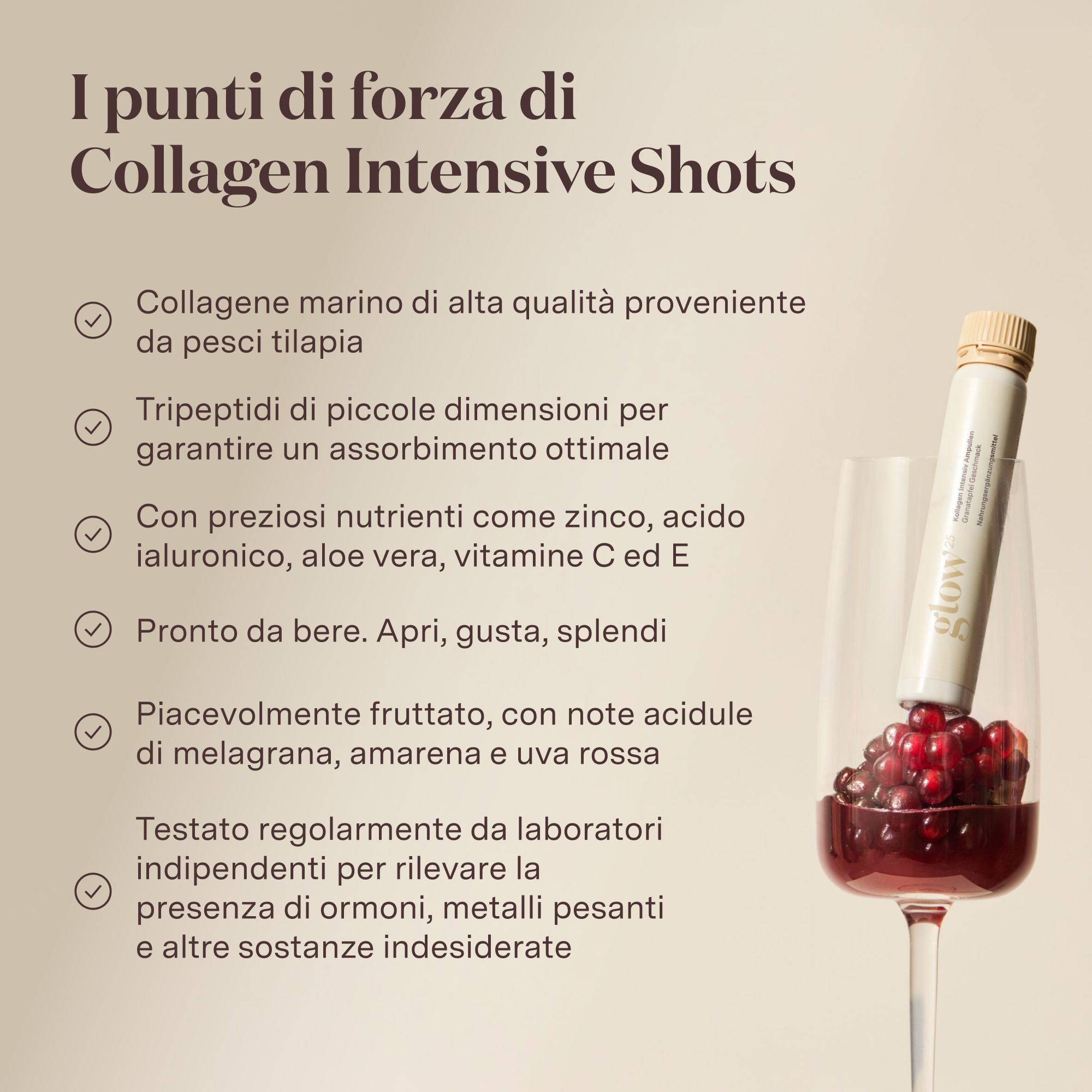 Fiala di collagene in un bicchiere con semi di melograno.