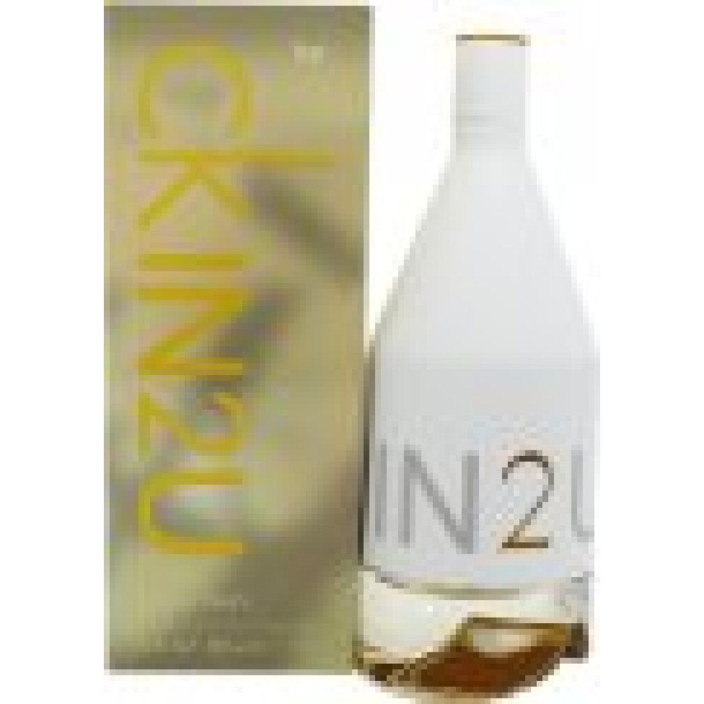 Flacone di profumo e confezione. Flacone bianco con scritta IN2U. Confezione dorata con scritta CK IN2U.
