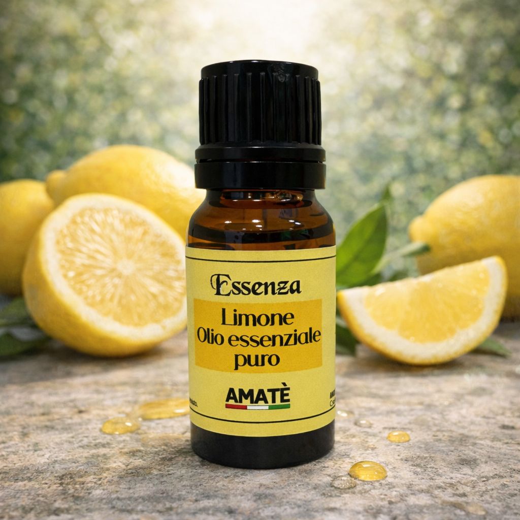 Flacone di vetro marrone con tappo nero ed etichetta gialla. Scritta: Essenza Limone, Oilo essenziale puro. Logo Amatè. Limoni sullo sfondo.