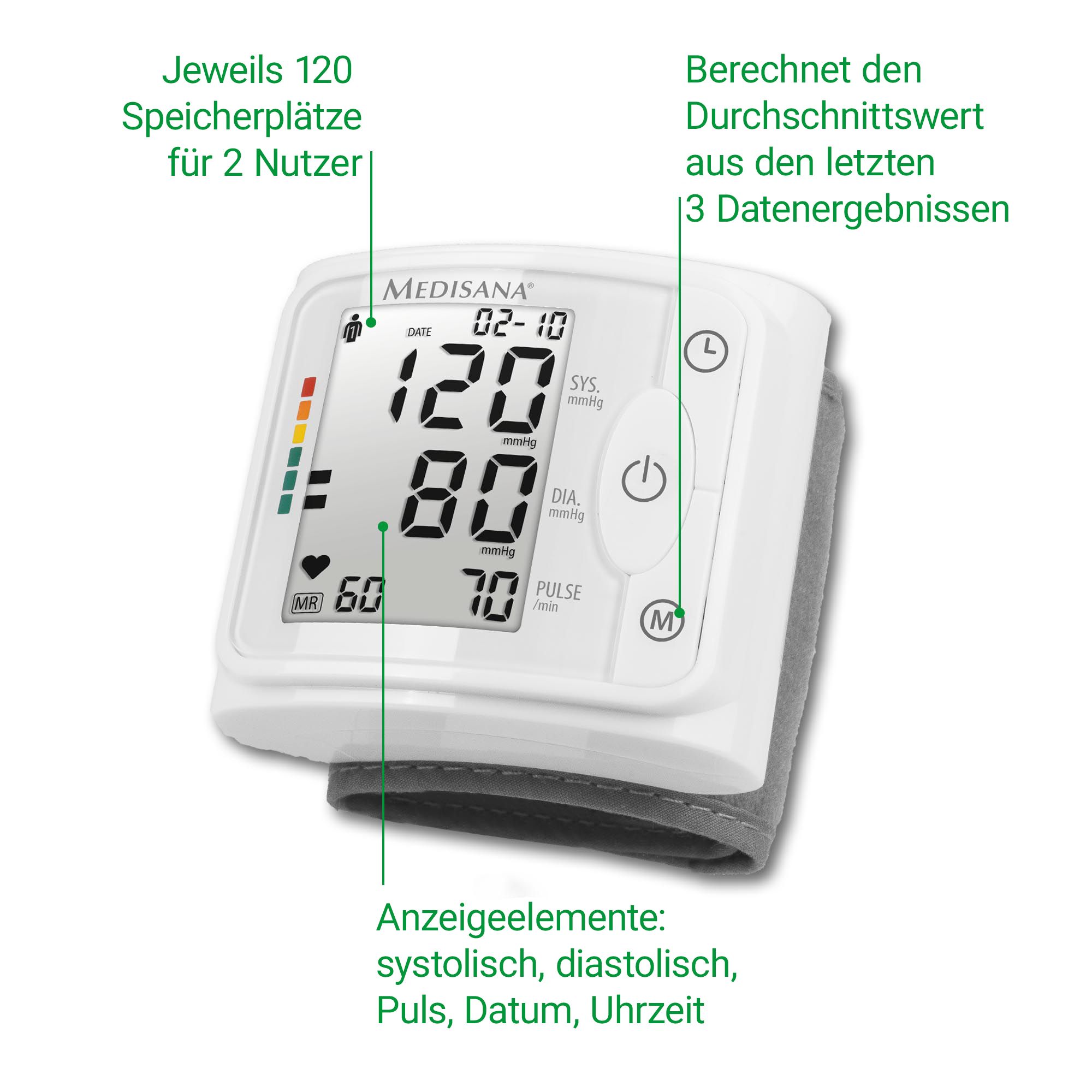 Medisana BW 320: 120 memorie per utente, calcolo media, visualizzazione polso, data.