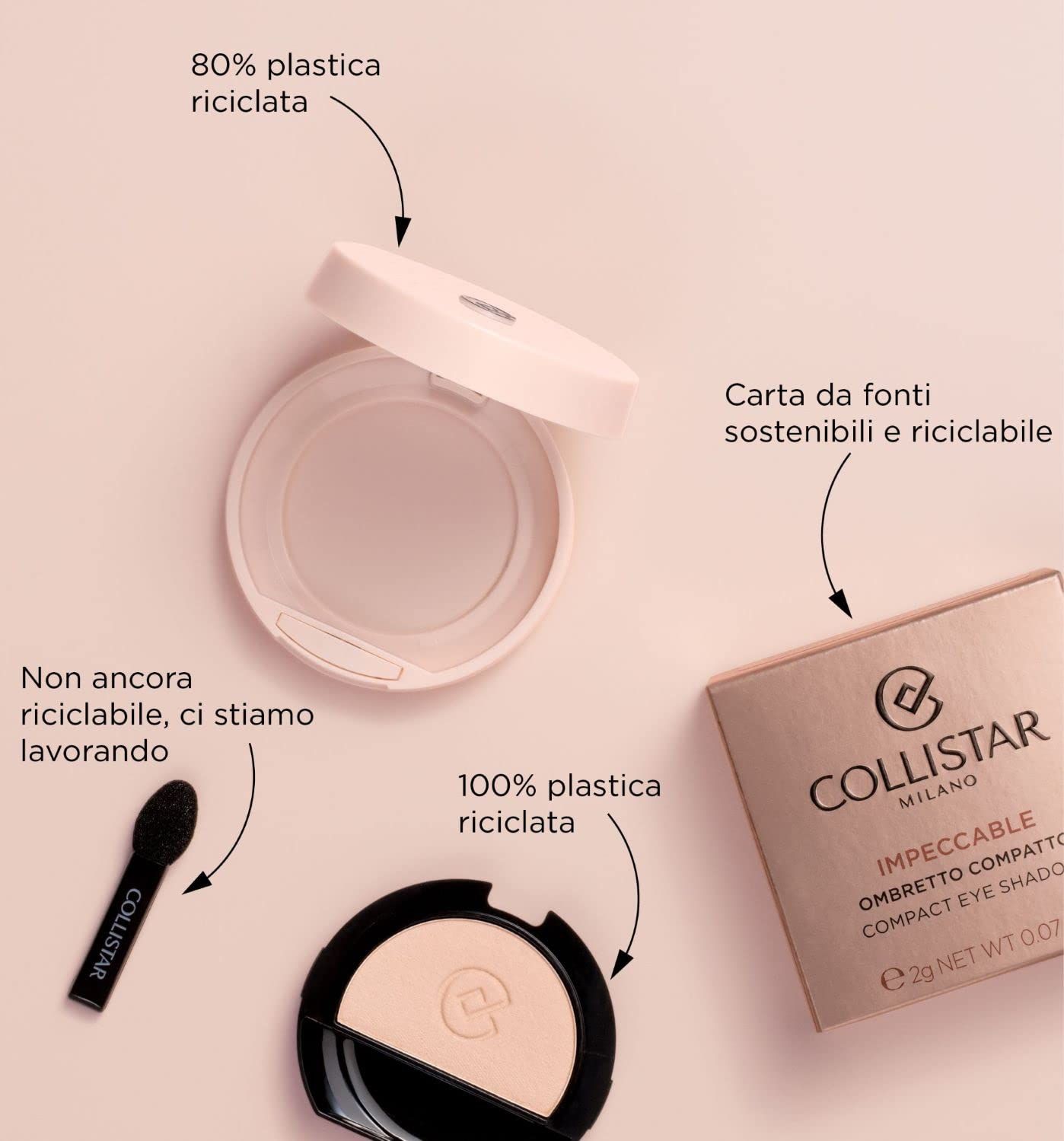 Ombretto Compatto Ricaricabile, confezione e applicatore. Testo: Collistar, 80% plastica riciclata, 100% plastica riciclata.